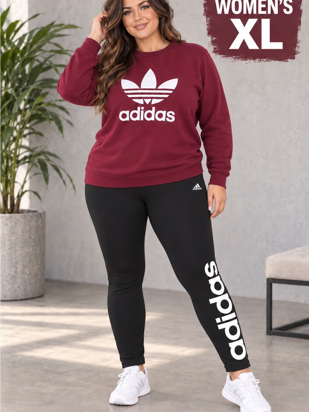 adidas women’s Xl burgundy Crewneck with black leggings outfit